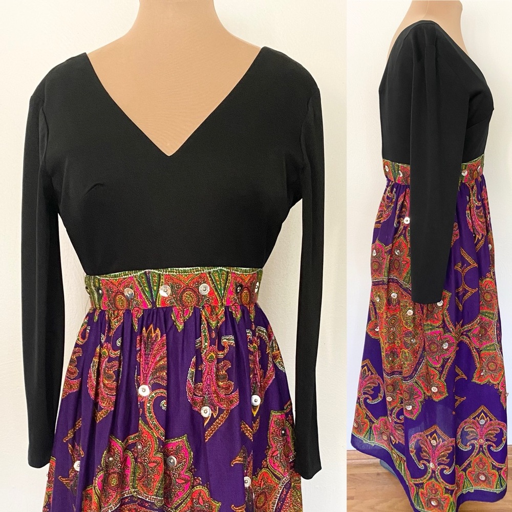 Vintage Mod 60s Psychedelic Maxi Dress *Medium* V-Neck Purple Sequin Empire